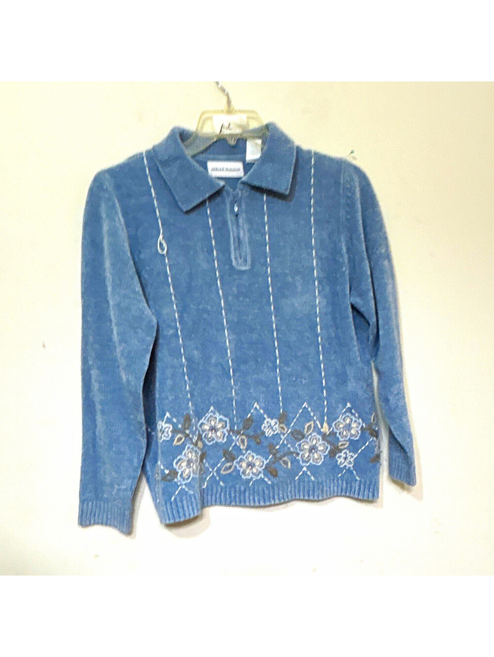 Alfred Dunner Women's 1/4 Zip Collared Knit Pullover Sweater Blue Floral M